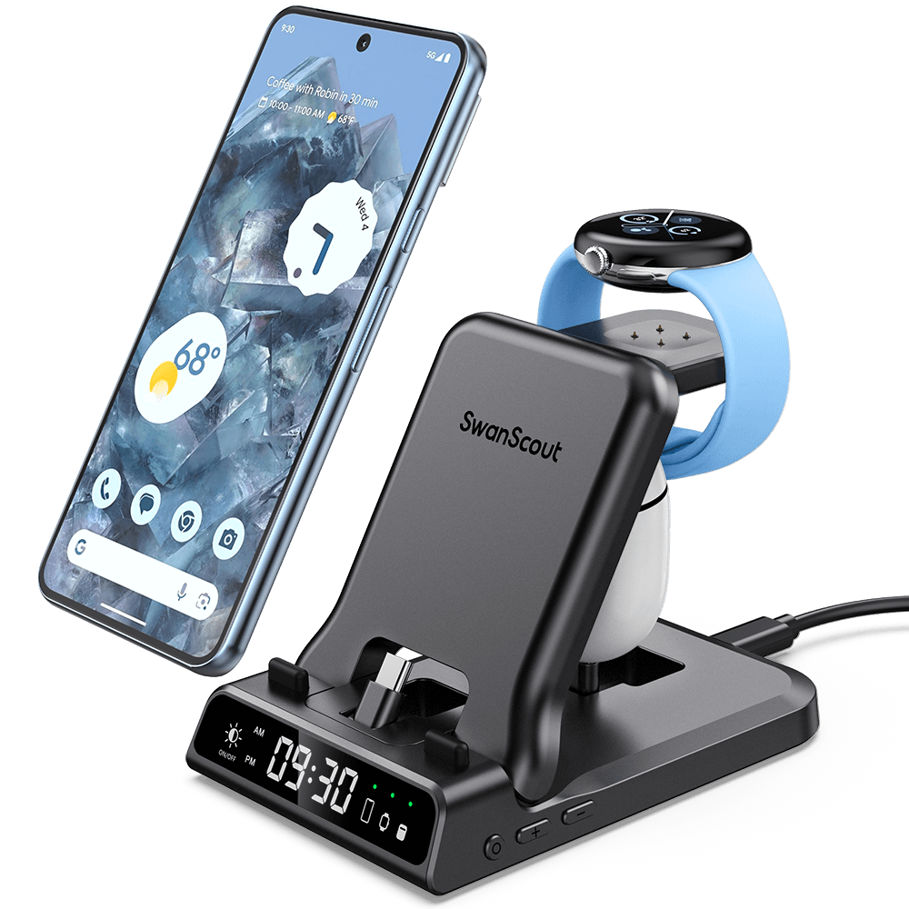 SwanScout 702G2 is a black 3-in-1 wireless charger compatible with Google Pixel Watch 2 and 3.