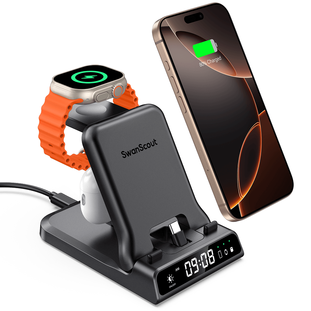 SwanScout 701AC is a wired charger compatible with Apple devices, with a USB-C port.