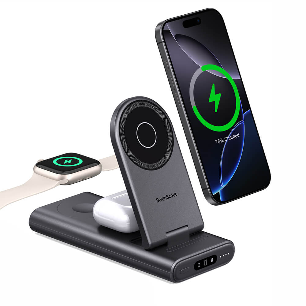 SwanScout 301M is a 3-in-1 foldable magnetic power bank, designed for seamless charging with MagSafe-compatible devices.