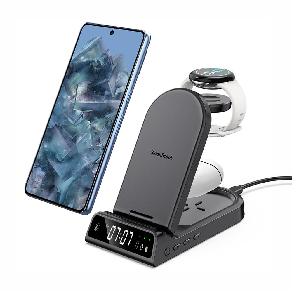 The swanscout 702G is a sleek Pixel charging station that keeps your Google devices powered while displaying time with clarity.