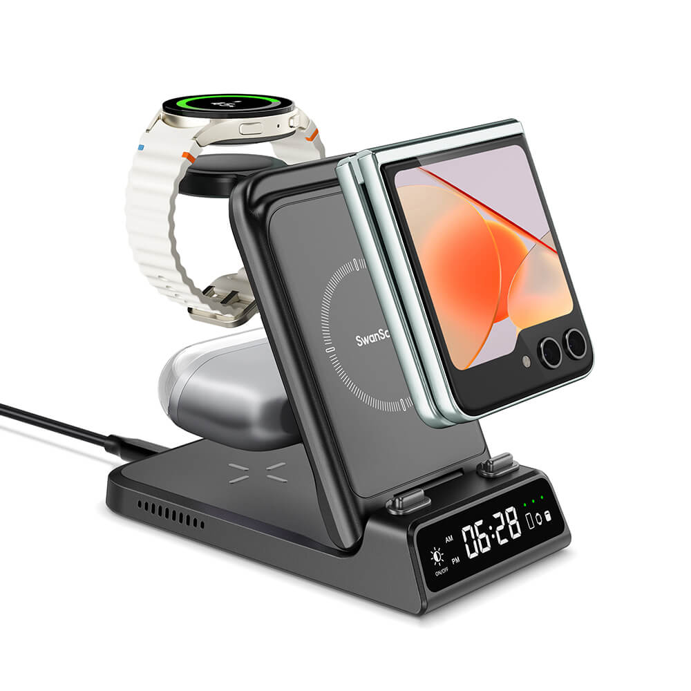 The SwanScout 703F is a sleek charging station with clock that supports wireless charging for the Samsung Z Flip 6.