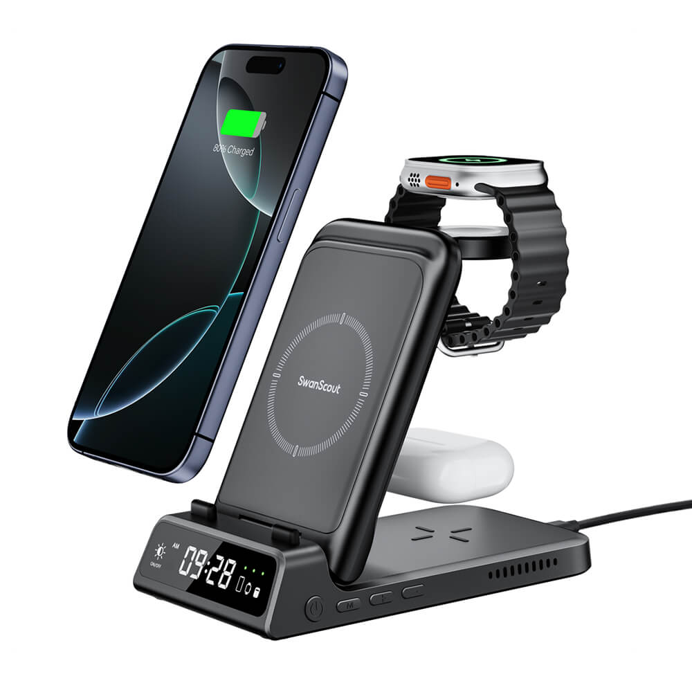 SwanScout 703A is a foldable 3-in-1 wireless charger compatible with Apple devices, featuring an elegant black design.