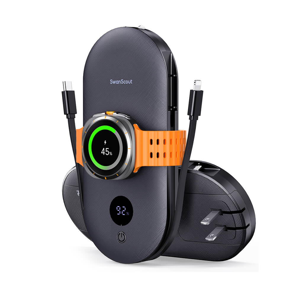 SwanScout 302S is a 4-in-1 power bank compatible with Samsung devices, featuring an ultra-large capacity.