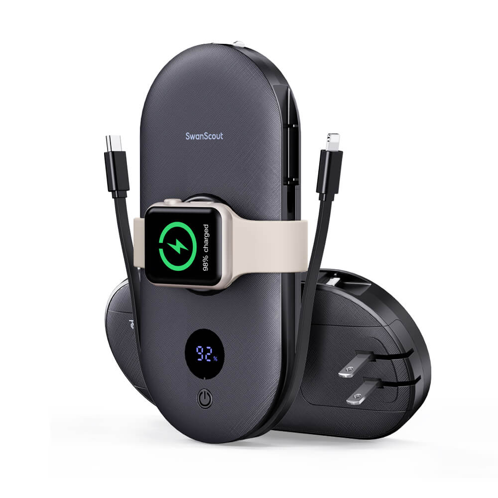 SwanScout 302A is a portable power bank compatible with Apple Watch and iPhone, featuring two built-in charging cables.