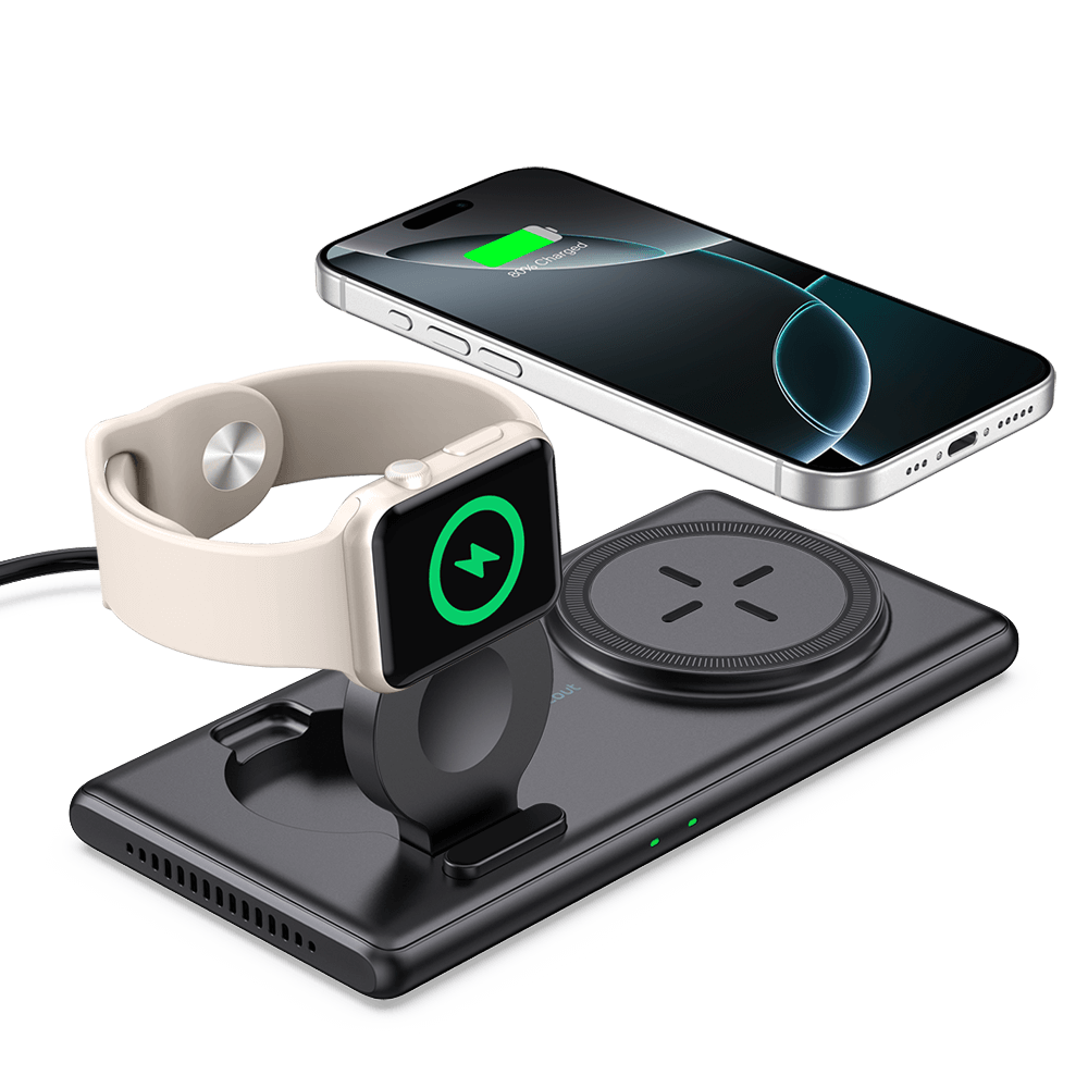 SwanScout 502M is a slim, 2-in-1 magnetic wireless charger compatible with Apple devices.