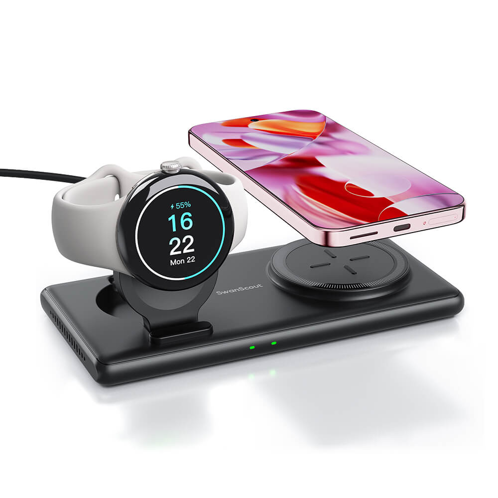 SwanScout 502G is a slim, 2-in-1 magnetic wireless charger compatible with google devices.