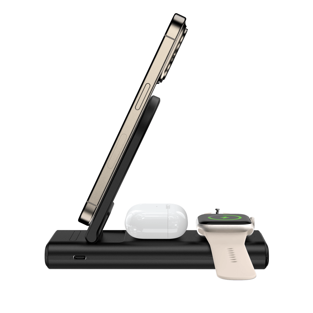 The SwanScout 301M is an innovative apple watch power bank, offering wireless charging for your watch, phone, and earbuds.