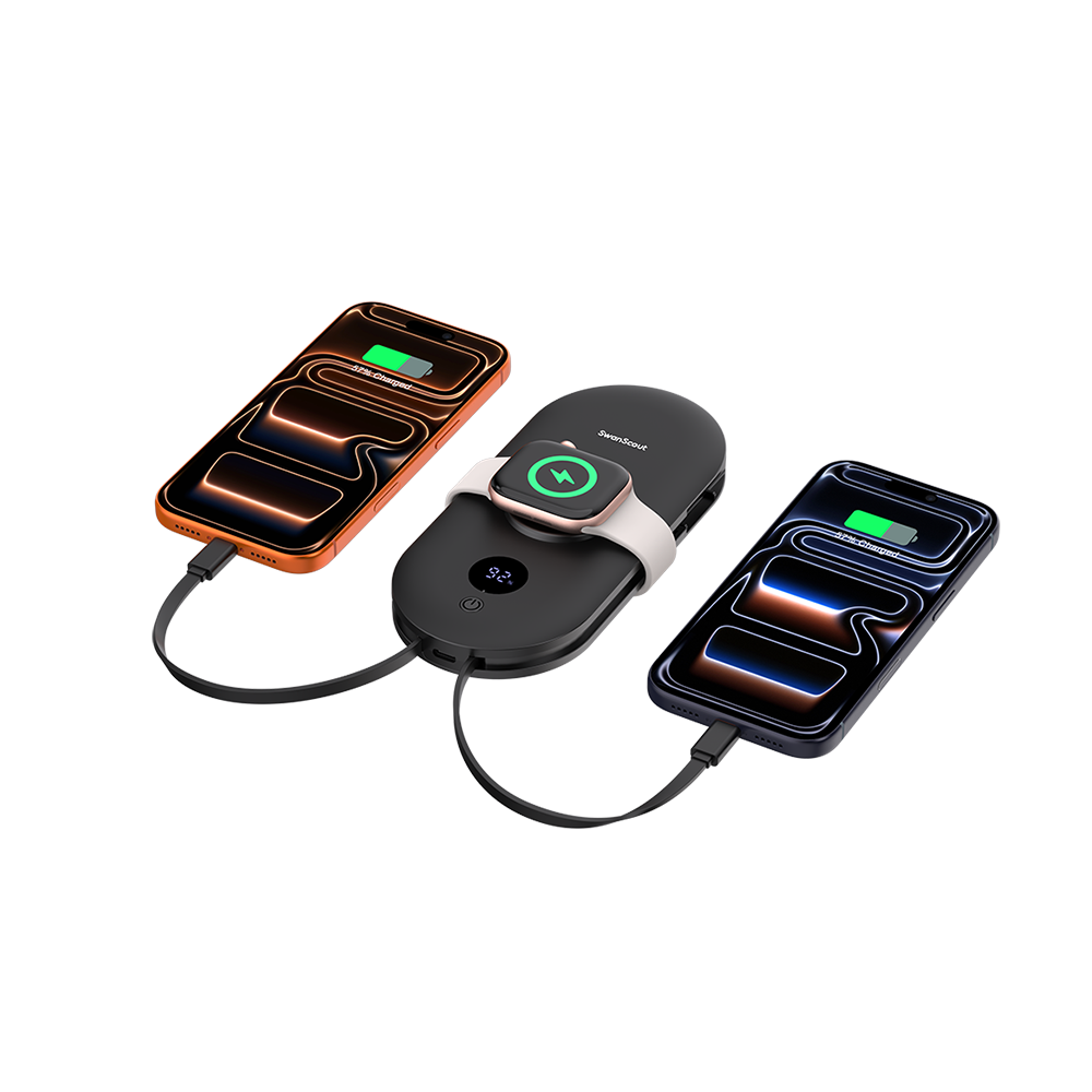 SwanScout 302A power bank charging Lightning and USB-C phones along with an Apple Watch