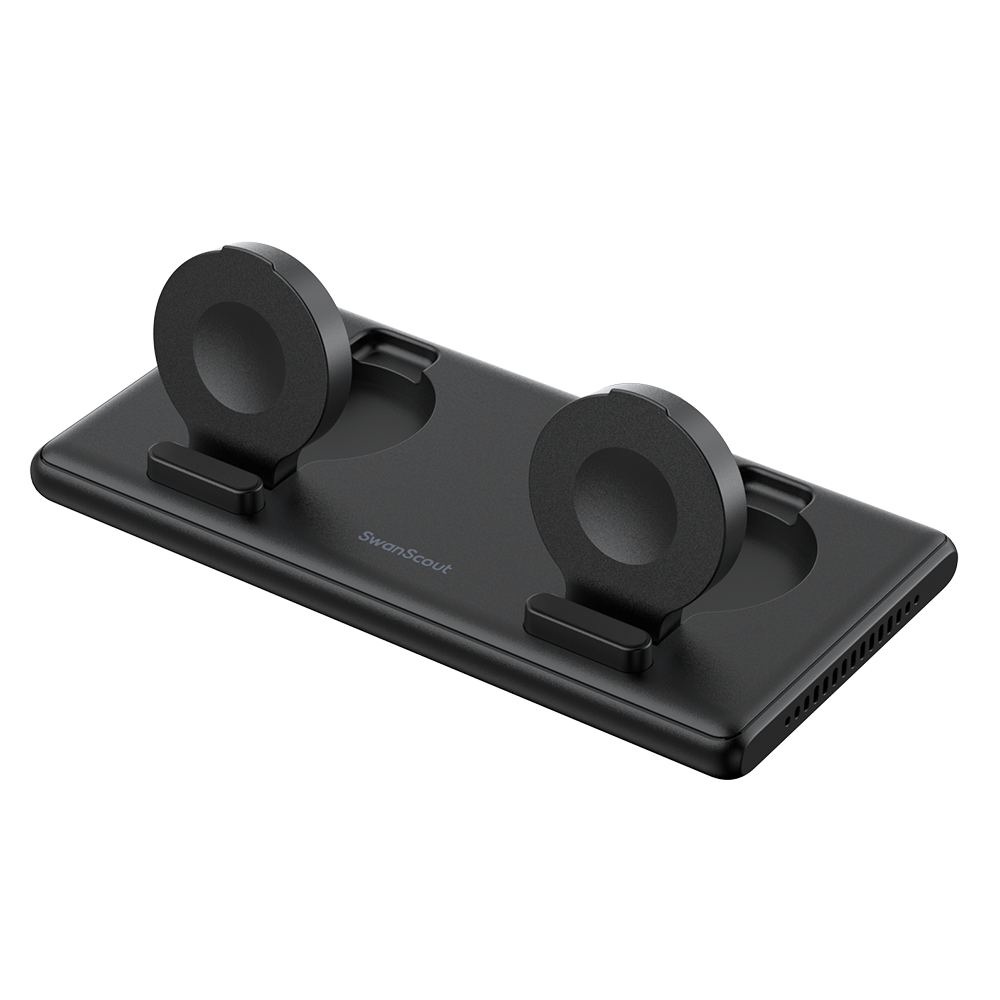 Front-right view of the opened SwanScout 507DA featuring a built-in spring pad that auto-adjusts for all 38mm to 49mm Apple Watch models.