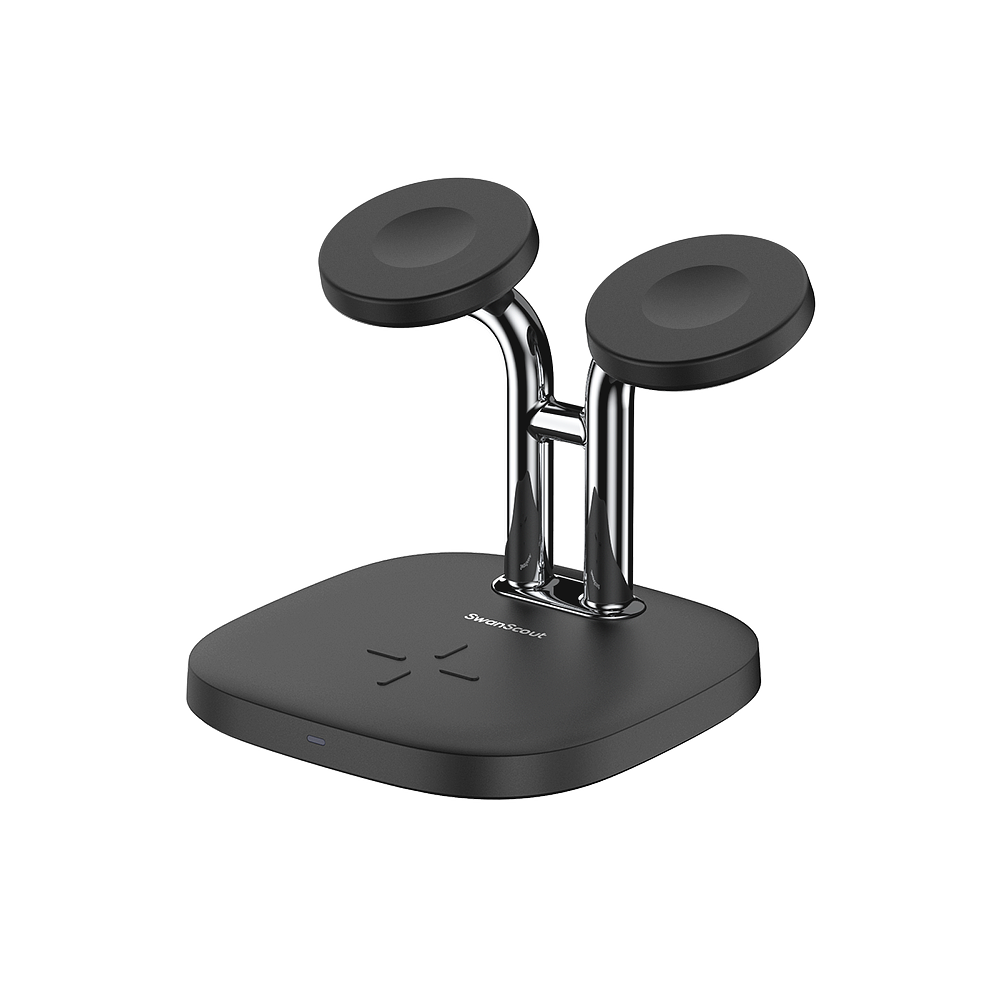 SwanScout 704A, featuring two dedicated Apple Watch charging docks and a center wireless spot for AirPods Pro 2.