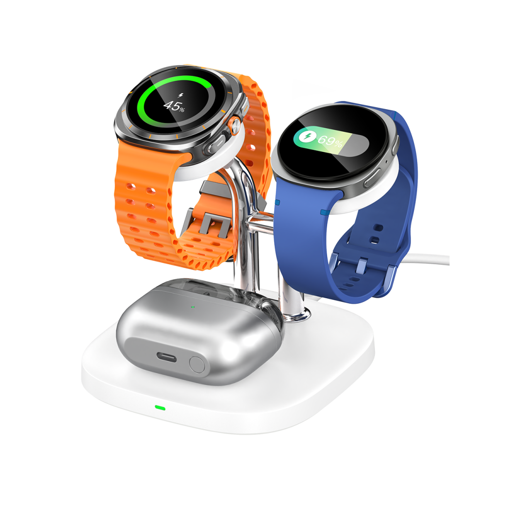 SwanScout 704S white wireless charging station, designed to charge two Samsung Galaxy Watches and Galaxy Buds Pro simultaneously in one compact dock.