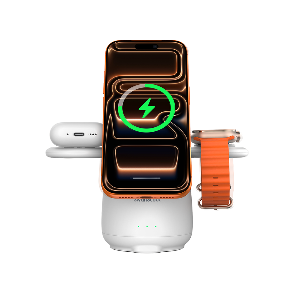 Front view of white SwanScout 707M showing an iPhone 16 in vertical mode, highlighting the N52 strong magnets and rounded compact design.