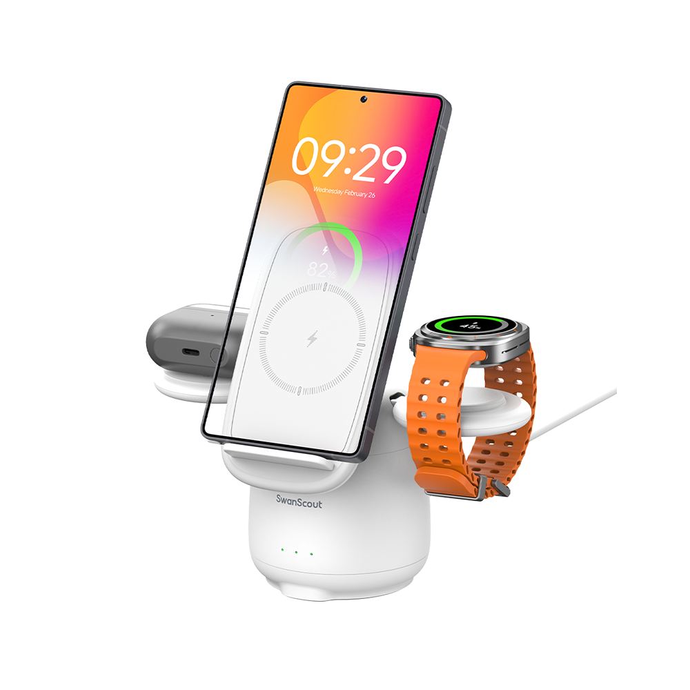 SwanScout 707S penguin-shaped 3 in 1 wireless charging station in white, simultaneously charging a Samsung phone, Galaxy Watch, and earbuds.