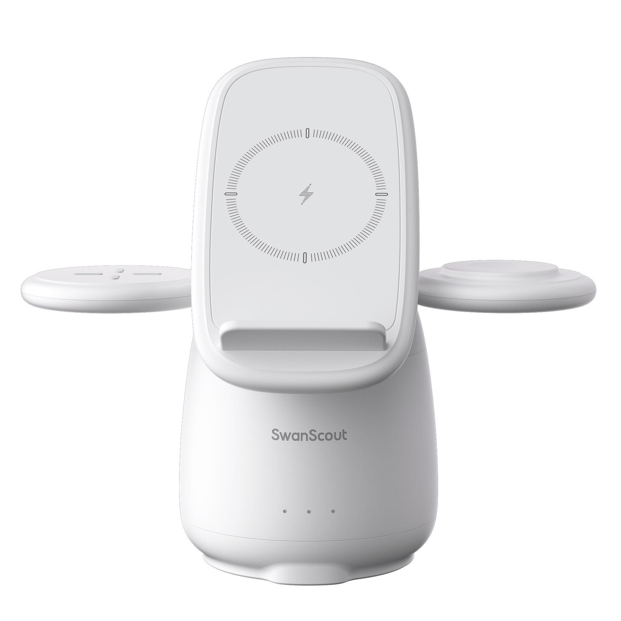 Front view of the white SwanScout 707S penguin-shaped stand, providing dedicated wireless charging spots for Samsung phone, watch, and earbuds.