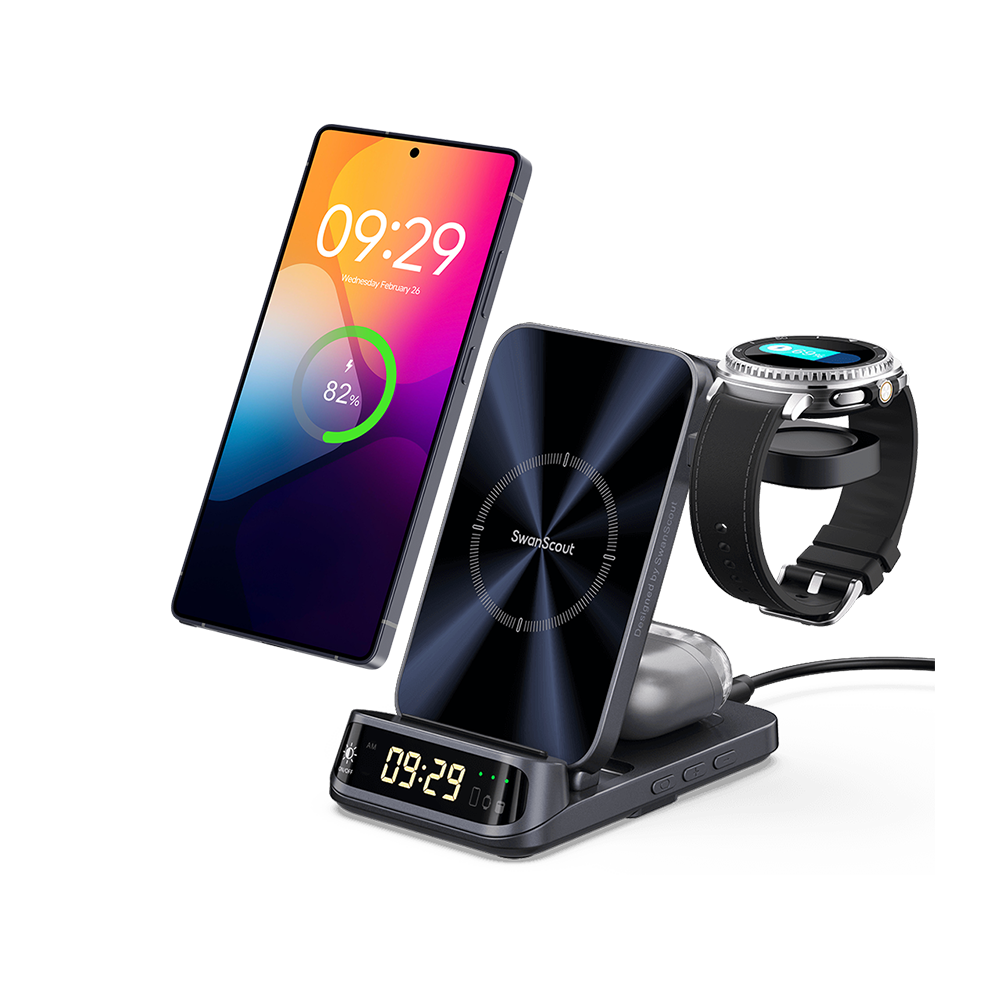 SwanScout 708S 3-in-1 wireless charging station powering a Samsung Galaxy S25 Ultra, Galaxy Watch Ultra, and Buds 3 Pro with a curved LED clock.
