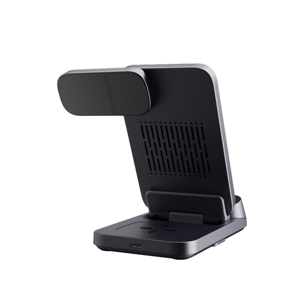 Side view of the unfolded SwanScout 708S, showing the integrated Galaxy Watch charger and smart temperature-control system for safe, efficient charging.