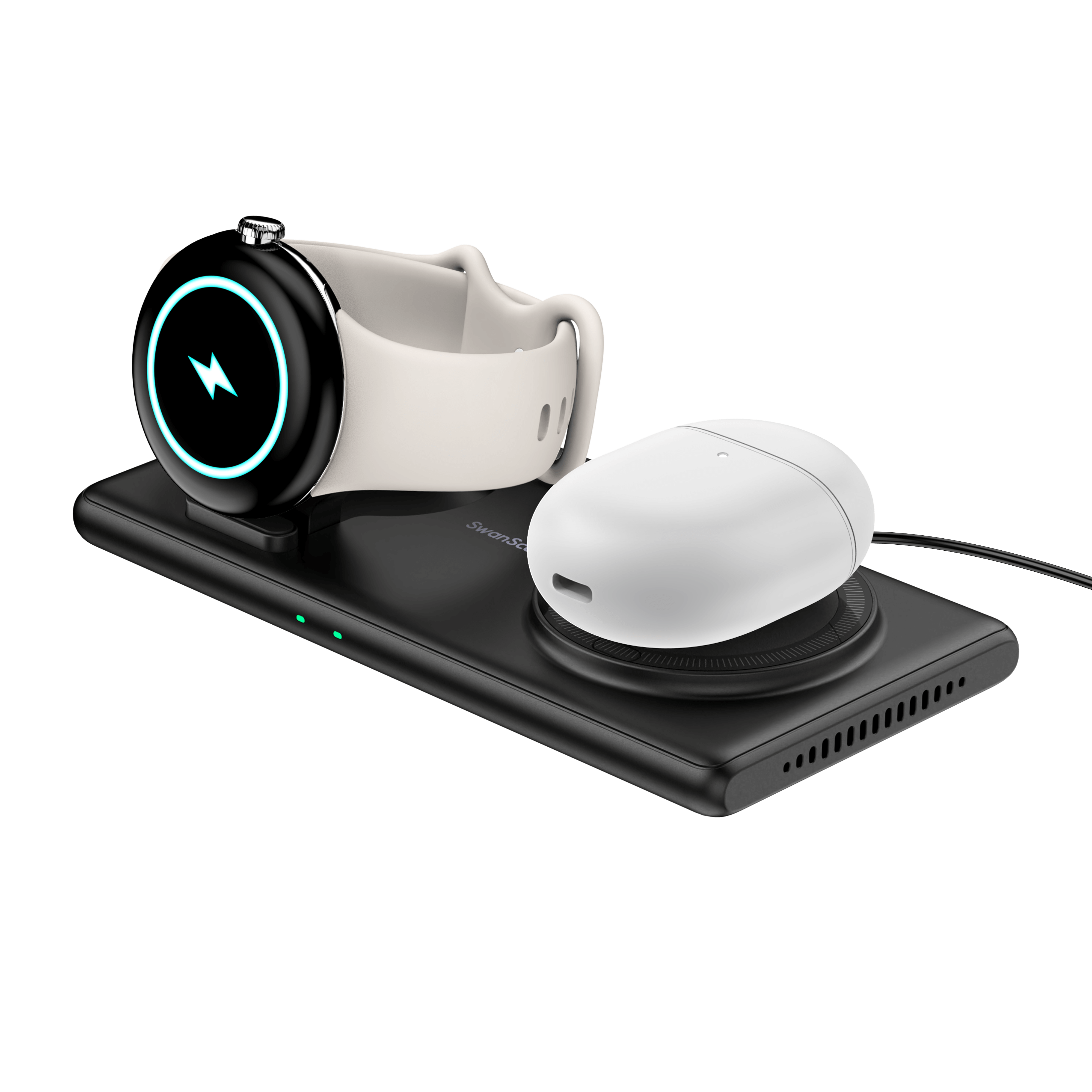 The SwanScout 502G is a compact Pixel charging station that supports wireless charging for your phone, watch, and earbuds.