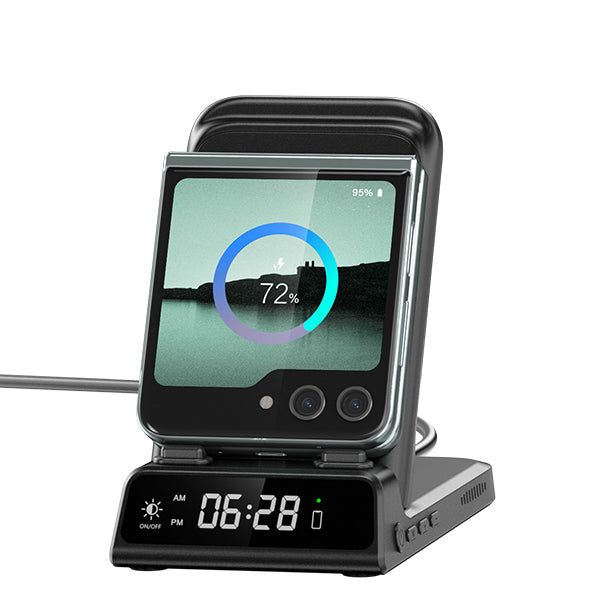 The SwanScout 703F supports fast wireless charging with clock display for your Samsung Flip and Galaxy Watch 7.