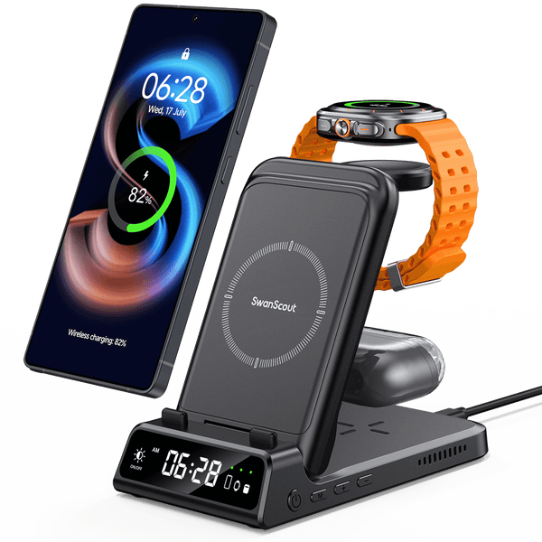 SwanScout 703S - 3-in-1 draadloze oplader voor Samsung met klok