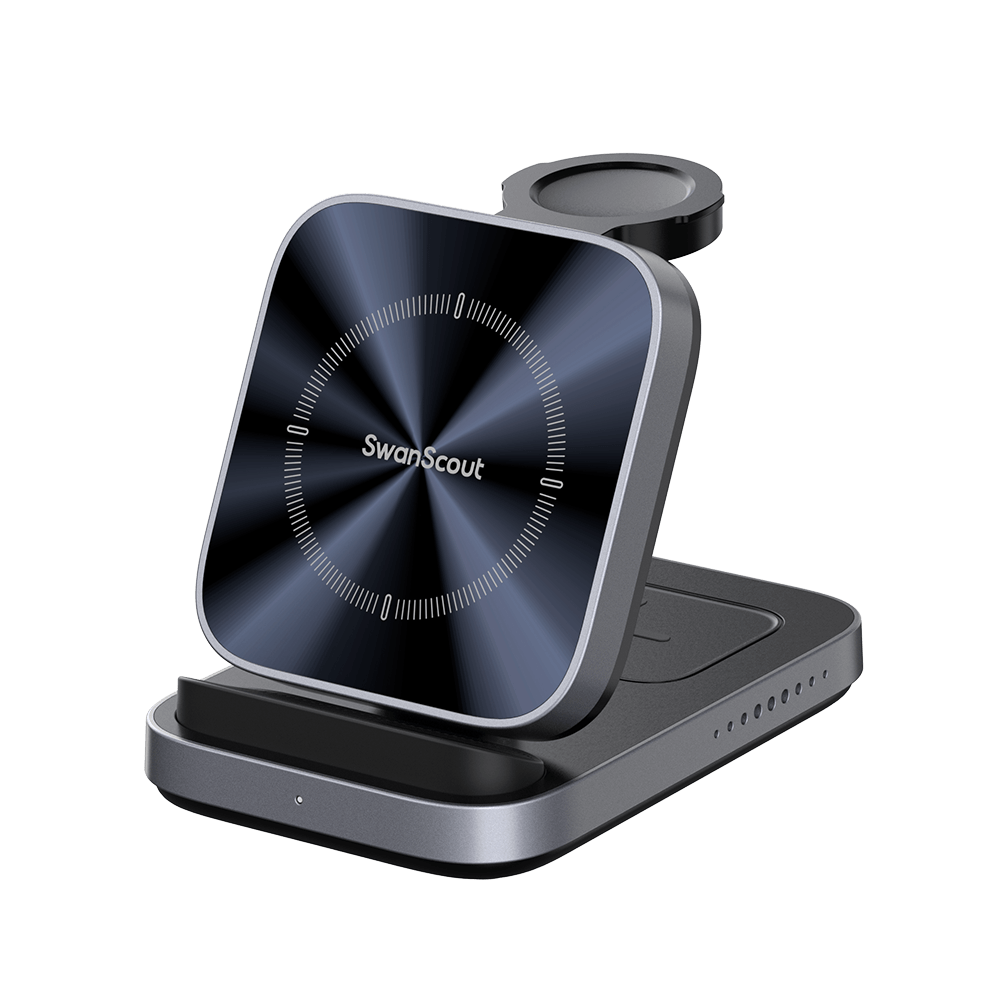 SwanScout 713S sleek CD-pattern wireless charger for modern tech aesthetics at home or office.