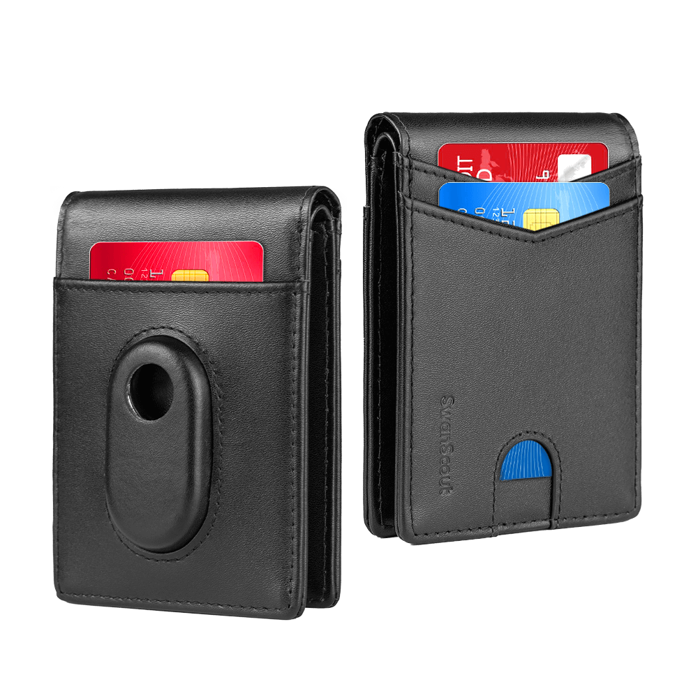 Professional black SwanScout 107S wallet with built-in Samsung SmartTag2 holder, featuring RFID protection for 8 cards and ID storage