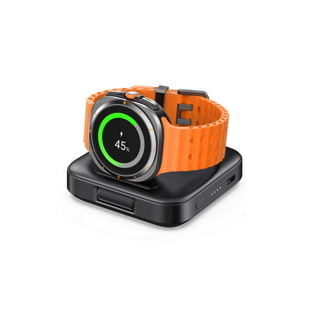 SwanScout 303S 1800mAh portable power bank charging Samsung Galaxy Watch, compact charging stand for travel