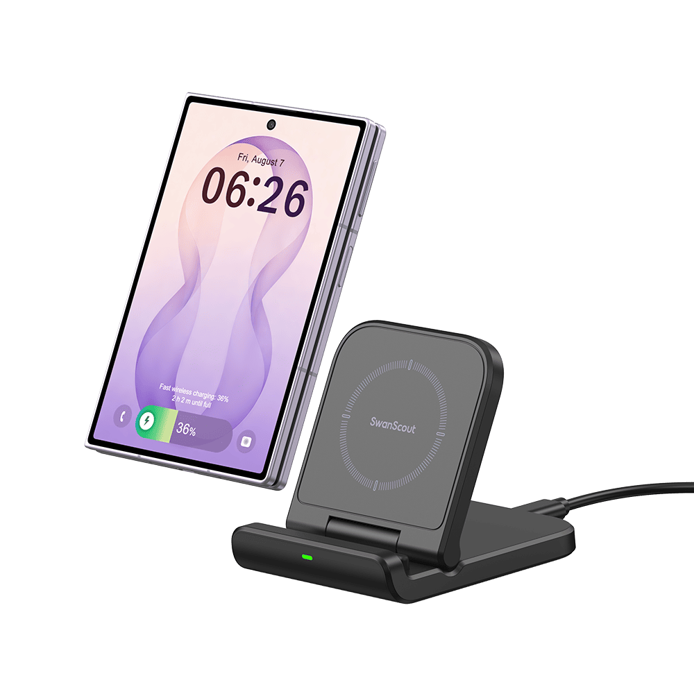 Black SwanScout 501S stand charging a Galaxy Z Flod phone showing 36 percent battery