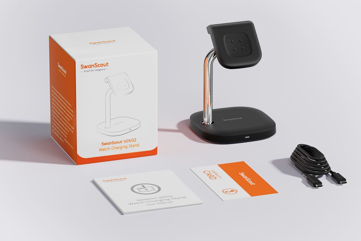 SwanScout 505FB package contents with charger cable user manual and warranty card