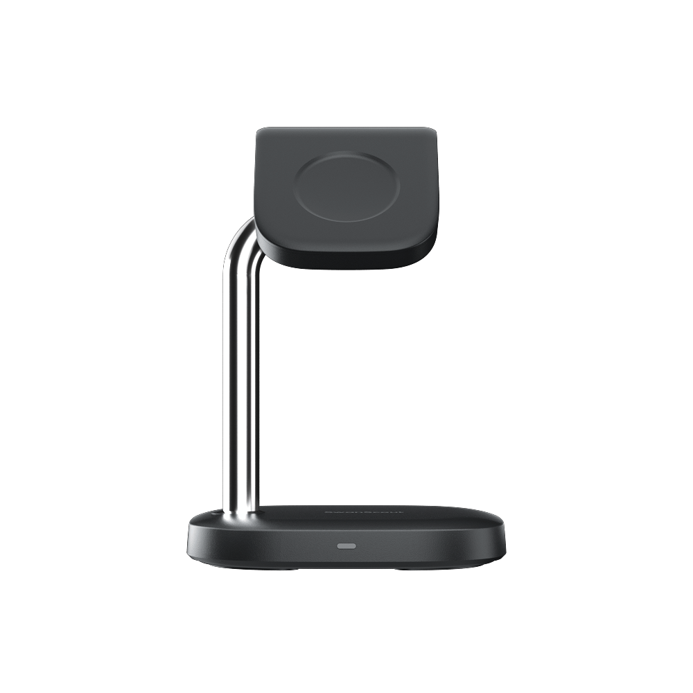 SwanScout 505S charging stand for Samsung Galaxy Watch 7 with weighted base, fast charging design, and sleek black finish.