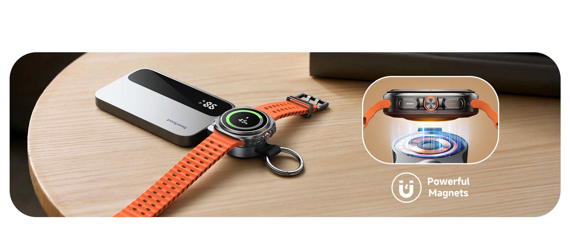 Magnetic alignment for secure charging of Samsung Galaxy Watch SwanScout 510S