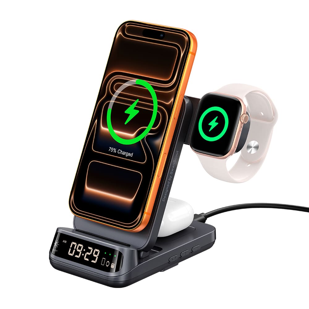 SwanScout 708M-25W - شاحن لاسلكي مغناطيسي سريع 3 في 1 بقوة 25 واط لأجهزة آبل