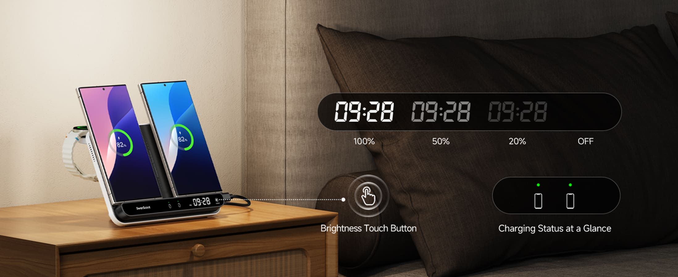 Adjustable brightness touch clock display on the SwanScout 710S wireless charging station