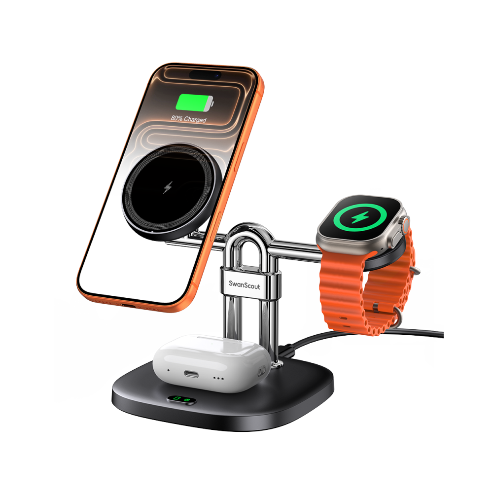 SwanScout 712M magnetic wireless charging station powering an iPhone 17 Air, Apple Watch 10, and AirPods Pro simultaneously