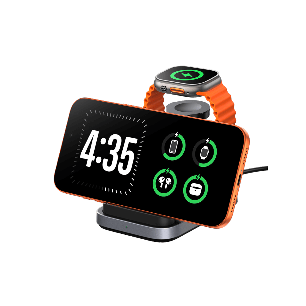 SwanScout 713A charging station powering an iPhone 17 in horizontal mode, Apple Watch 11, and AirPods 4 simultaneously