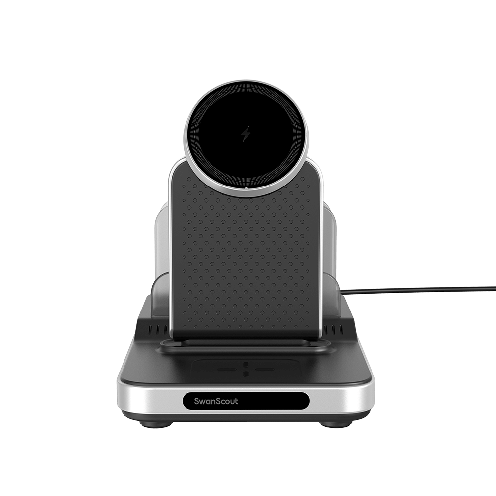 Front view of SwanScout 901M featuring three wireless charging pads for iPhone, Apple Watch, and earbuds, plus dual high-power wired ports