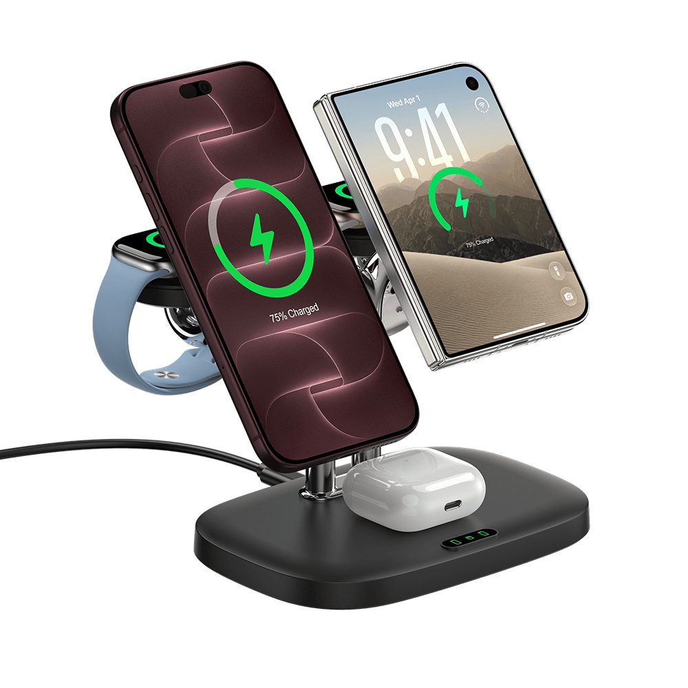 Apple wireless charger holding iPhone 18 Pro and iPhone DUO SwanScout 902M