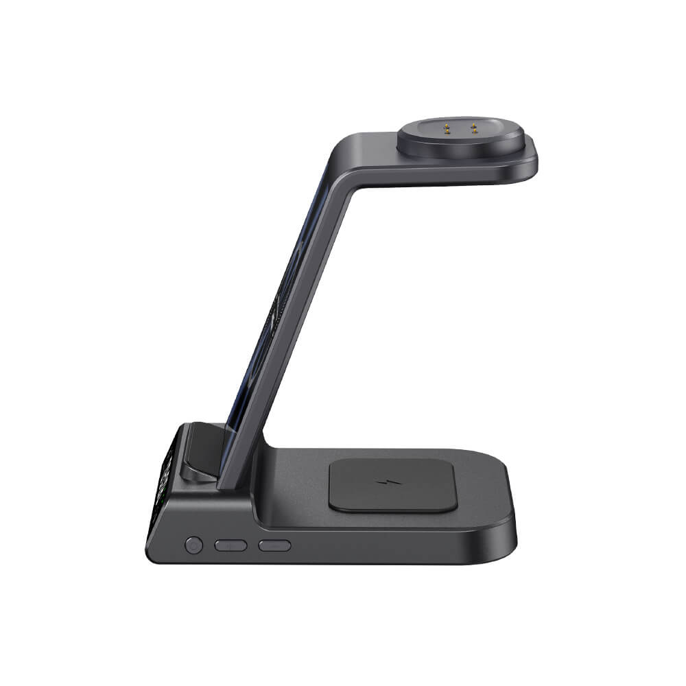 SwanScout C01FB 3-in-1 wireless charger stand for Fitbit watch, side view showing compact design and charging port.