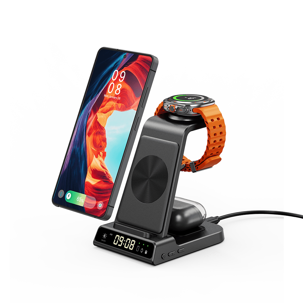 3 in 1 wireless charging station charging phone watch and earbuds together