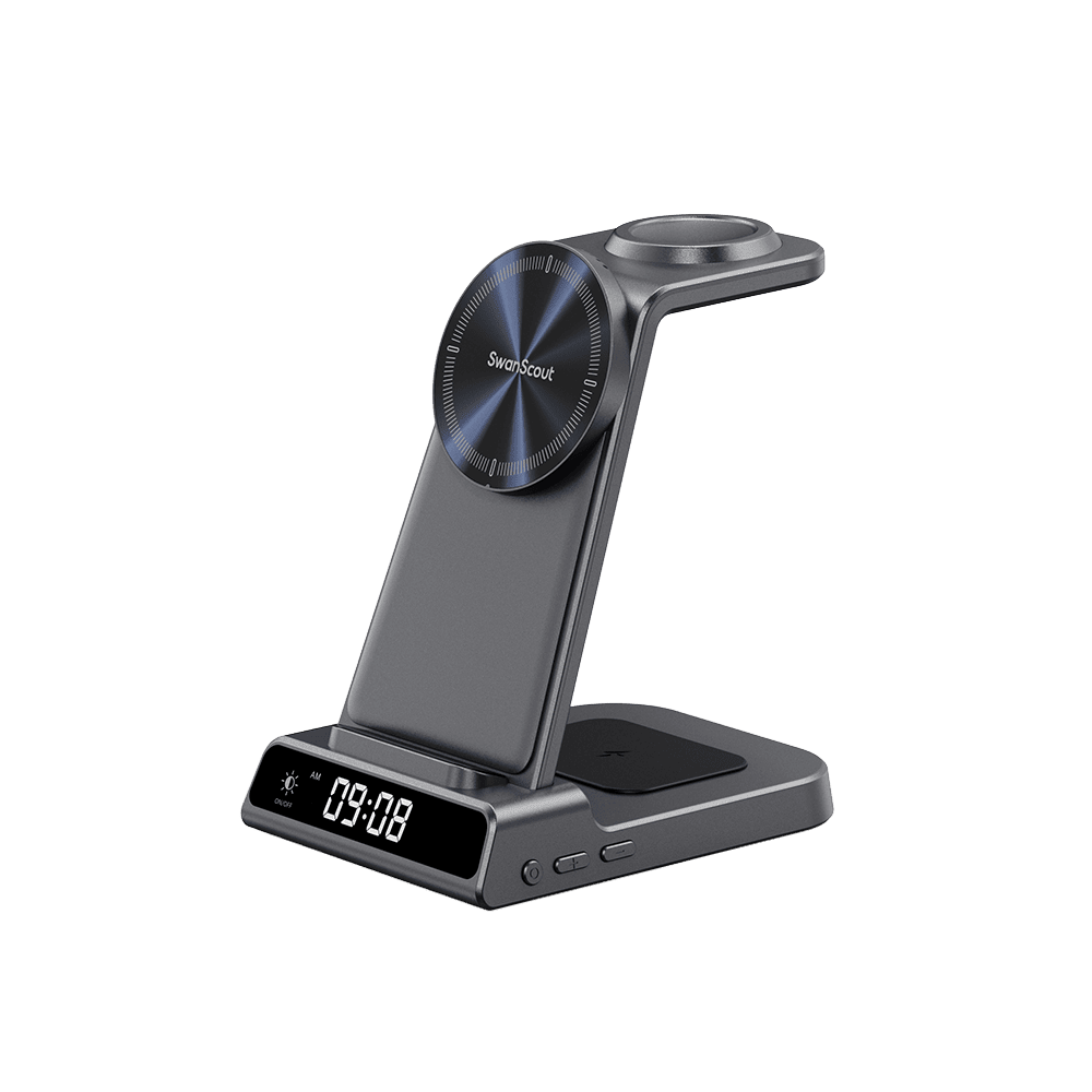 3 in 1 Samsung charging station with magnetic phone alignment designed for Galaxy S26 S25 series right front view SwanScout C01SM