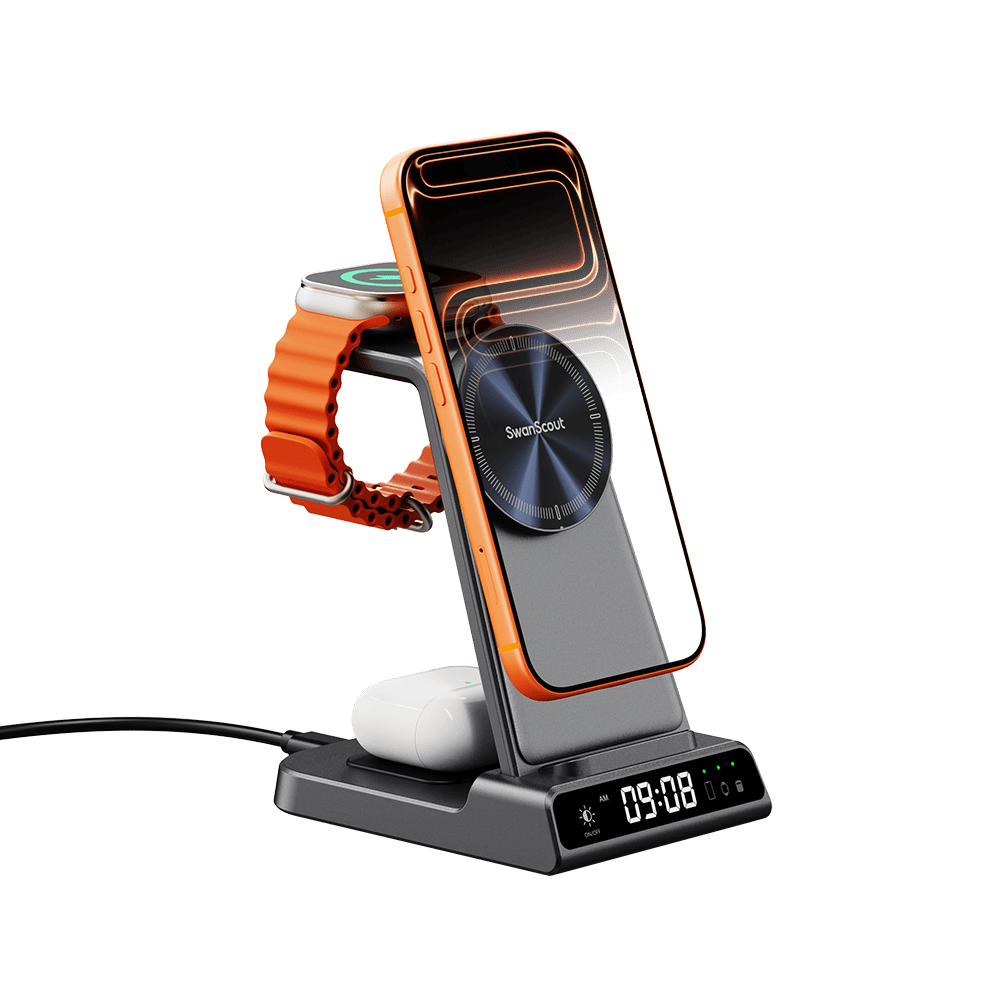 SwanScout C02M 3-in-1 magnetic wireless charging station for Apple iPhone, Apple Watch, and AirPods with MagSafe compatibility.
