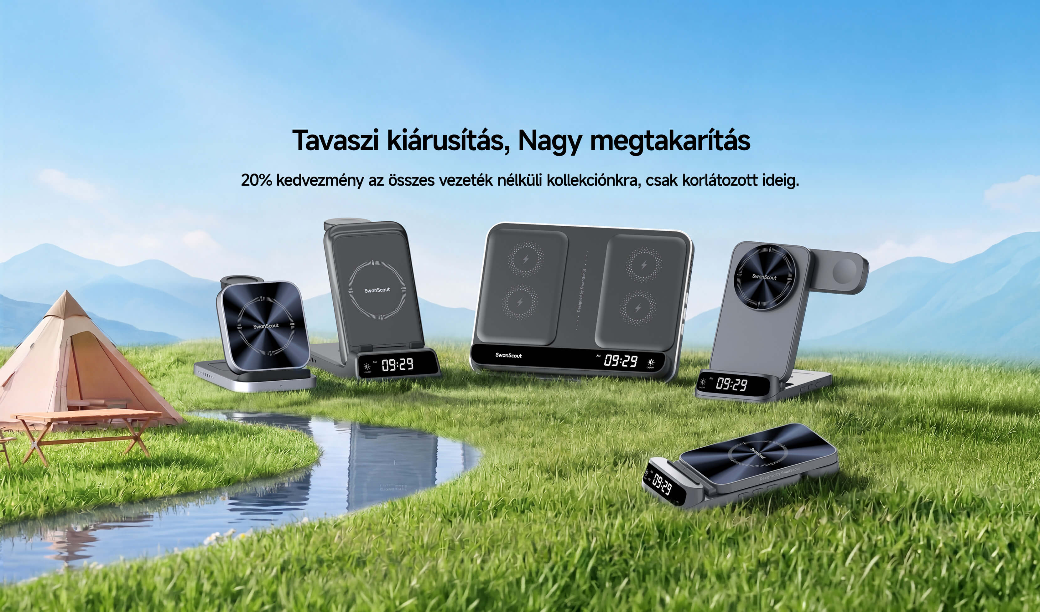 SwanScout vezeték nélküli töltőállomások tavaszi akció 2026 természetes környezetben fűvel és folyóval