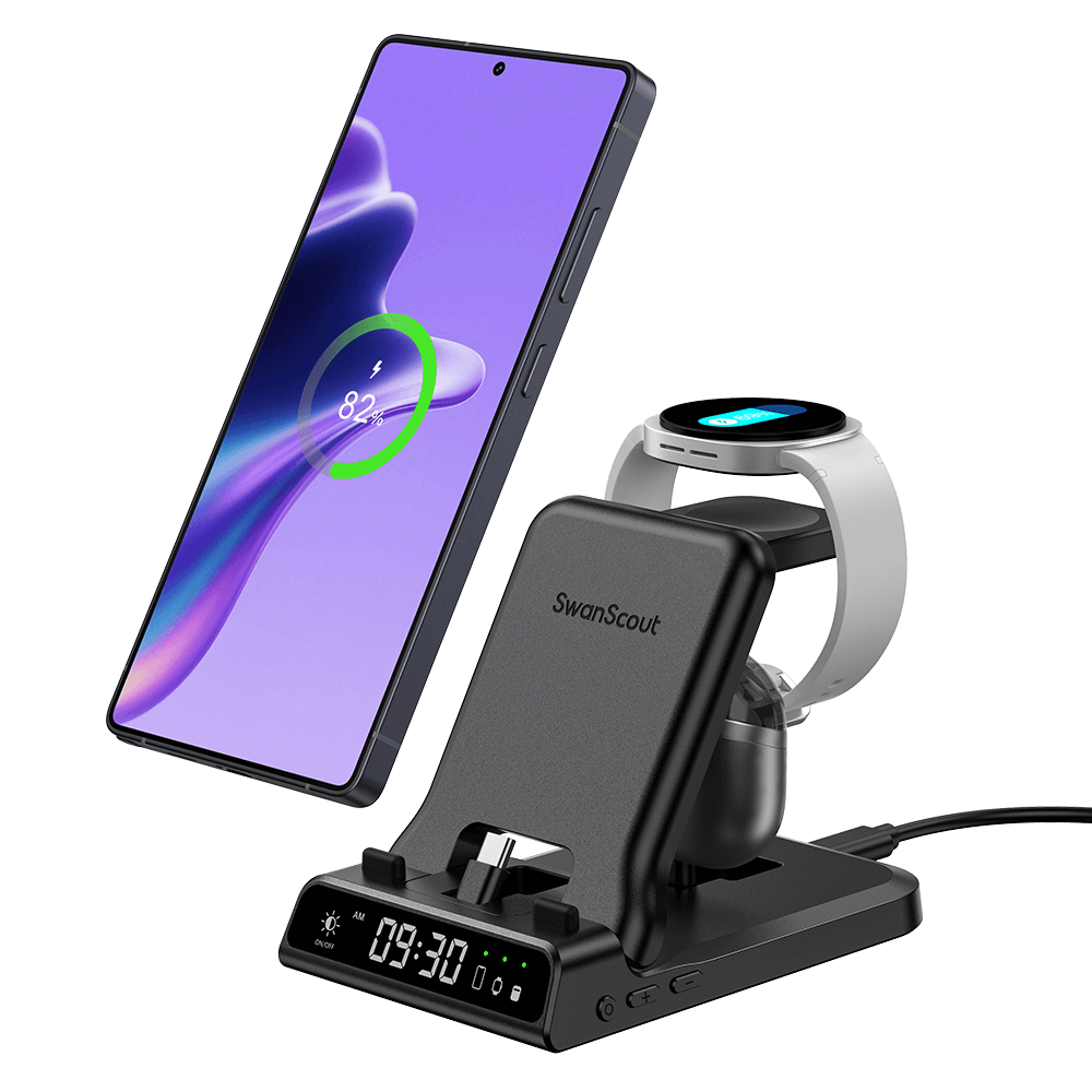 The Swanscout 701S is a sleek 3 in 1 charging station for Samsung devices, powering your phone, watch, and Galaxy Buds all at once.