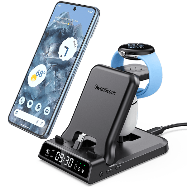 SwanScout 702G2 is a black 3-in-1 wireless charger compatible with Google Pixel Watch 2 and 3.