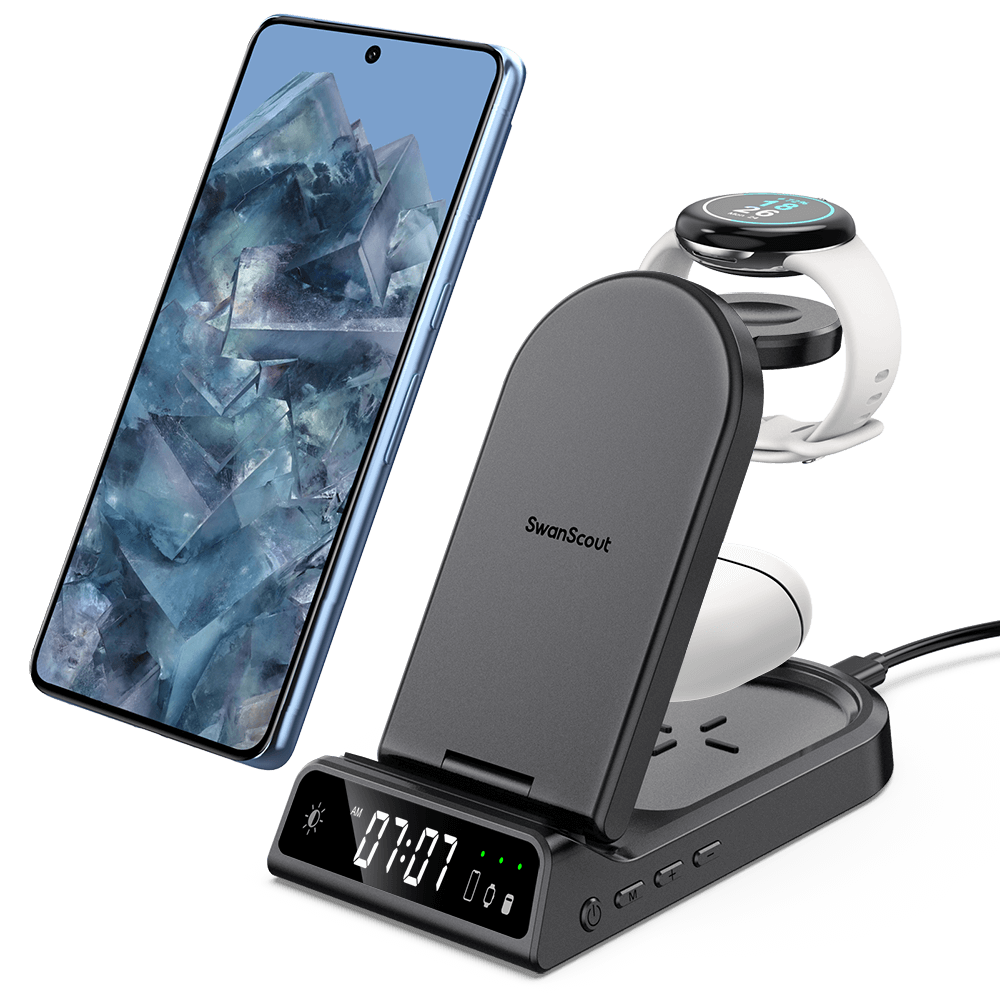 The swanscout 702G is a sleek Pixel charging station that keeps your Google devices powered while displaying time with clarity.