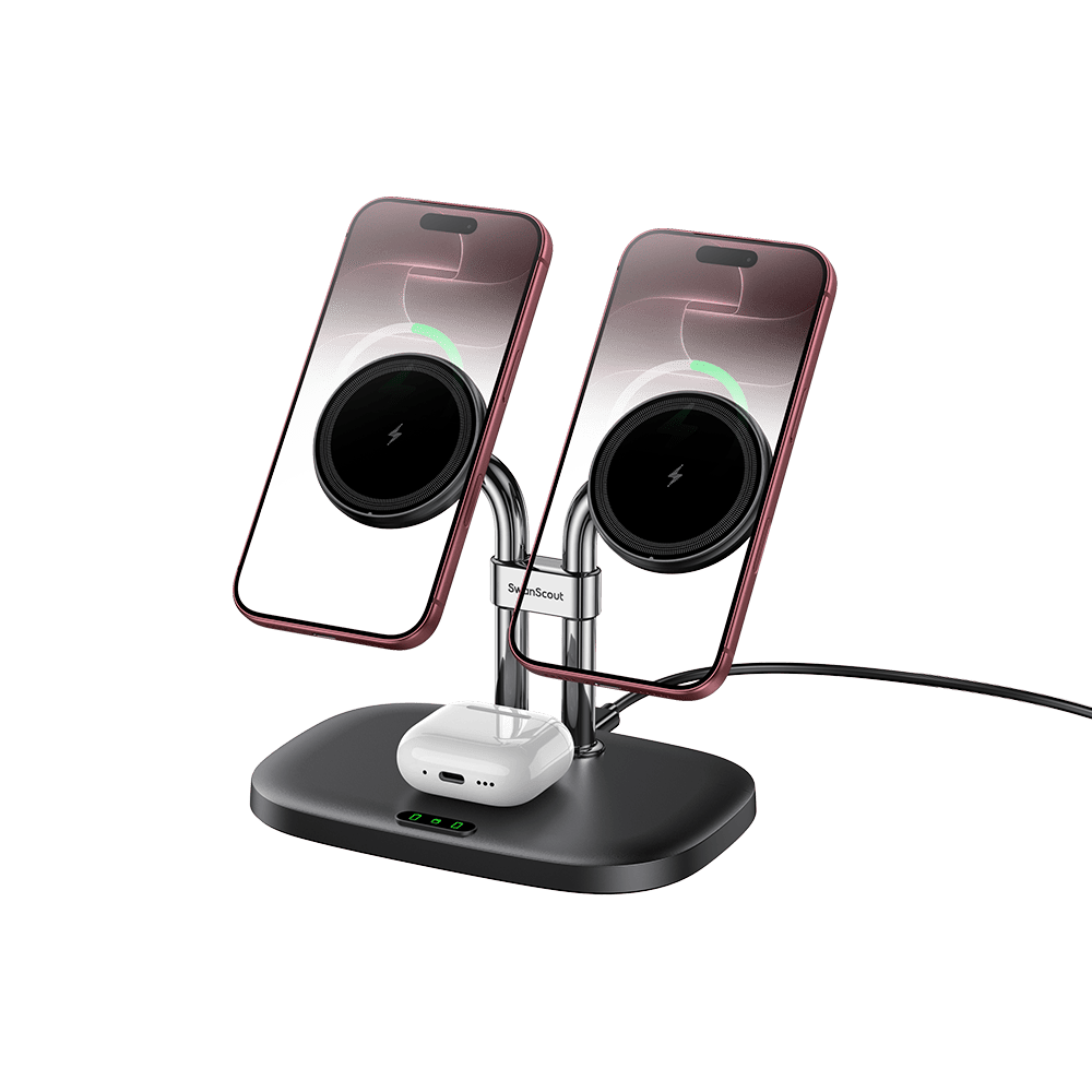 SwanScout 706M - Dubbel magnetisk laddare för iPhone och trådlös docka för AirPods