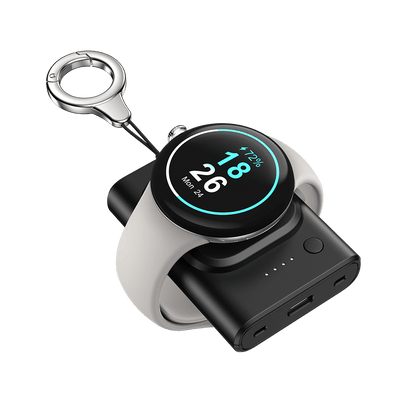 SwanScout 305G2 portable power bank charging a Google Pixel Watch 3, featuring magnetic auto-alignment for a stable connection.