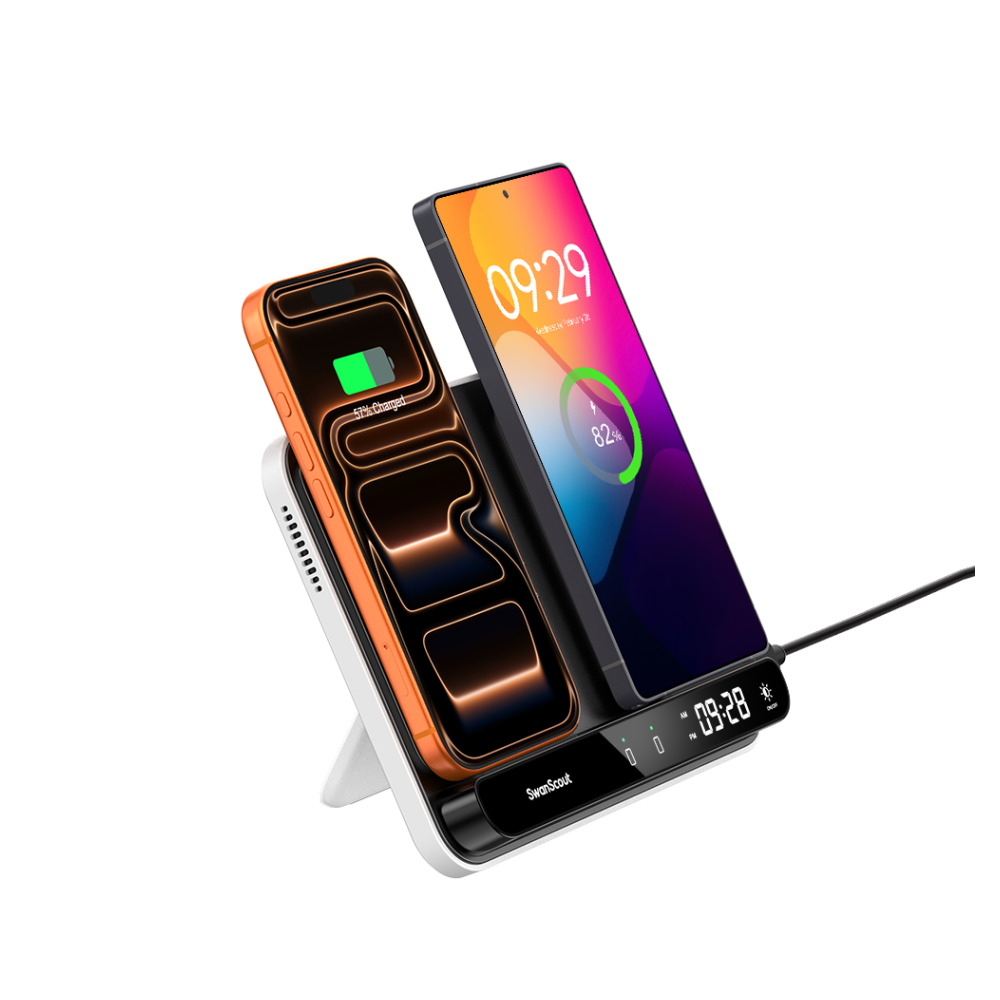 SwanScout 504 dual wireless charging stand simultaneously powering an iPhone 17 and a Samsung Galaxy S25 Ultra with a built-in touch clock.