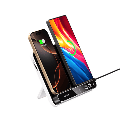 A dual phone charging station allows users to charge two smartphones simultaneously, making it perfect for shared workspaces or nightstands.