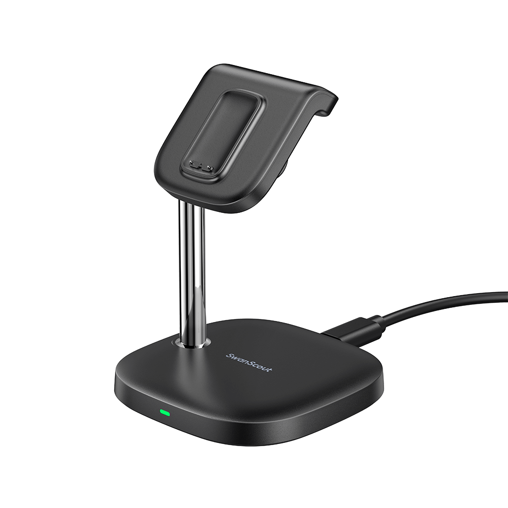 Front-left view of SwanScout 505FC station, which fully charges a Fitbit Charge 6 from 0% to 100% in just 1 hour and 59 minutes.