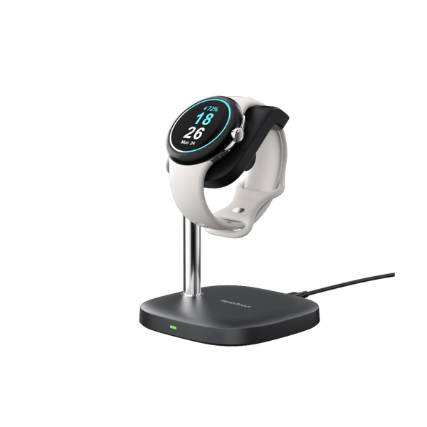 SwanScout 505G2 vertical charging stand for Google Pixel Watch 3, featuring a secure dock and sleek design for office or nightstand use.